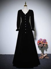 Black Velvet Long Sleeve V-neck Prom Dresses