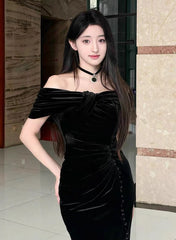 Black Velvet Mermaid Off Shoulder Long Party Dresses, Black Velvet Prom Dresses