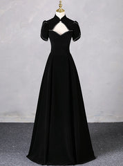 Black Velvet Short Sleeve High Neck Prom Dresses