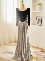 Black Velvet Silver Sequins Long Sleeve Prom Dresses