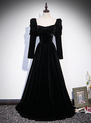 Black Velvet Square Bow Long Sleeve Prom Dresses