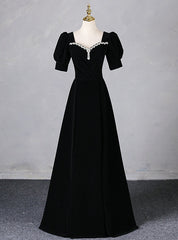 Black Velvet Square Neck Short Sleeve Beading Prom Dresses