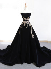 Black Velvet Strapless Crystal With Long Train Wedding Dresses