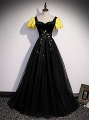 Black Velvet Tulle Square Short Sleeve Prom Dresses