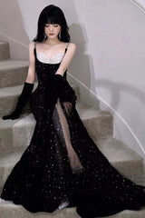 Black Mermaid Sequins Prom Dress Spaghetti Straps Sleeveless Beading Party Gown