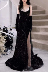 Black Mermaid Sequins Prom Dress Spaghetti Straps Sleeveless Beading Party Gown