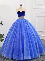 Blue Ball Gown Embroidery Tulle Sweetheart Quinceanera Dresses With Pearls