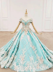 Blue Ball Gown Off the Shoulder Appliques Beading Prom Dresses