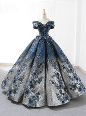 Blue Ball Gown Sequins Off The Shoulder Appliques Floor Length Wedding Dresses