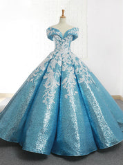 Blue Ball Gown Sequins Off The Shoulder Appliques Wedding Dresses