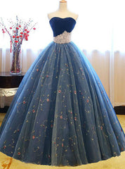 Blue Ball Gown Tulle Floor Length Strapless Princess Quinceanera Dresses