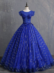 Blue Ball Gown Tulle Sequins Open Back Quinceanera Dresses With Sash