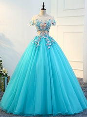 Blue Ball Gown Tulle Short Sleeve Appliques Quinceanera Dresses