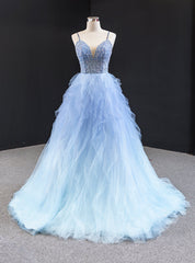 Blue Ball Gown Tulle Spaghetti Straps Beading Prom Dresses