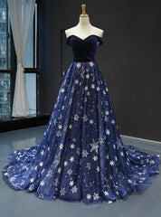 Blue Ball Gown Tulle Star Sequins Off the Shoulder Prom Dresses