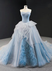 Blue Ball Gown Tulle Sweetheart Sleevelss Princess Prom Dresses With Train