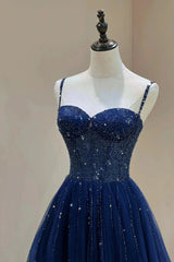 Blue Beaded Sweetheart Tulle A-line Prom Dresses, Blue Long Party Dresses