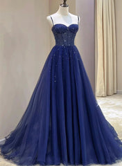 Blue Beaded Sweetheart Tulle A-line Prom Dresses, Blue Long Party Dresses