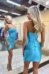 Blue Bodycon Sweetheart  Satin Short Homecoming Dresses with Slit