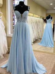 Blue Chiffon Appliques Straps Prom Dresses