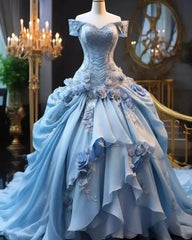 Blue Fairy 3D Floral Prom Dresses Bustle Ruched Sweet 16 Ball Gown Quinceanera Dresses