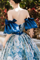 Blue Floral Pattern Long Senior Prom Dress, Off the Shoulder Evening Party Dress