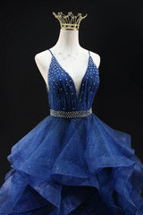 Blue Glitter Tulle Long A-Line Prom Dresses, V-Neck Spaghetti Strap Backless Evening Party Dresses