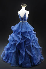 Blue Glitter Tulle Long A-Line Prom Dresses, V-Neck Spaghetti Strap Backless Evening Party Dresses