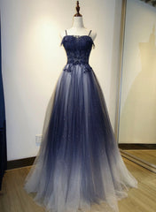 Blue Gradient A-line Tulle Long Formal Dresses Graduation Dresses Woman