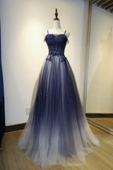 Blue Gradient Straps Tulle Long Party Dresses with Lace Blue Junior Prom Dresses prom Dresses shops