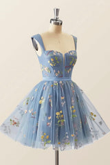 Blue Knee Length Tulle Party Dresses, Cute Blue  Floral Tulle Homecoming Dresses