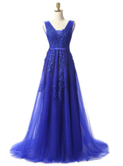 Blue Lace Beading Backless Prom Dresses