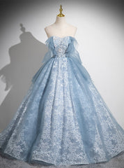 Blue Lace Flower Scoop Quinceanera Dresses