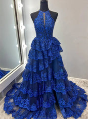 Blue Lace Halter Tiers Prom Dresses