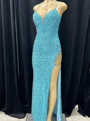 Blue Mermaid Sequins Split Prom Dresses