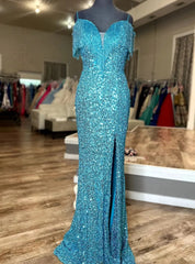 Blue Mermaid Sequins Straps Beading Split prom Dresses