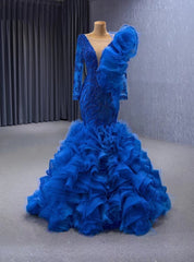 Blue Mermaid Tulle Beading Prom Dresses