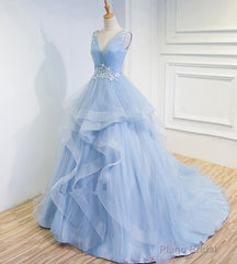 Blue Prom Dresses V-neck Ball Gown Sweep Train Party Dress, Sweet 16 Gown