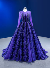 Blue Purple Tulle Beading Long Sleeve Prom Dresses