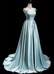 Blue Satin A-line Beaded Long Party Dresses Prom Dresses, Blue Evening Dresses