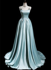 Blue Satin A-line Beaded Long Party Dresses Prom Dresses, Blue Evening Dresses