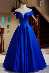 Blue Satin Floor Length Prom Dresses, Elegant A-Line Evening Party Dresses