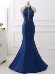 Blue Satin Mermaid Halter Cut Out Backless Long Prom Dresses