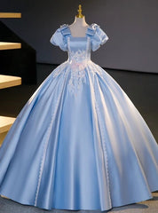 Blue Satin Puff Sleeve Appliques Quinceanera Dresses