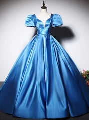 Blue Satin Puff Sleeve Pearls Quinceanera Dresses