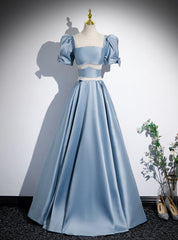 Blue Satin Puff Sleeve Square Beading Prom Dresses