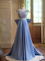 Blue Satin Sequins V-neck Prom Dresses