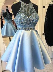 Blue Satin Short Homecoming Dresses with Beading and Crystals