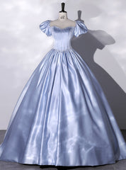 Blue Satin Square Puff Sleeve Beading Quinceanera Dresses