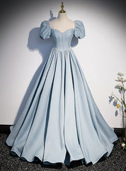 Blue Satin Square Puff Sleeve Pearls Prom Dresses